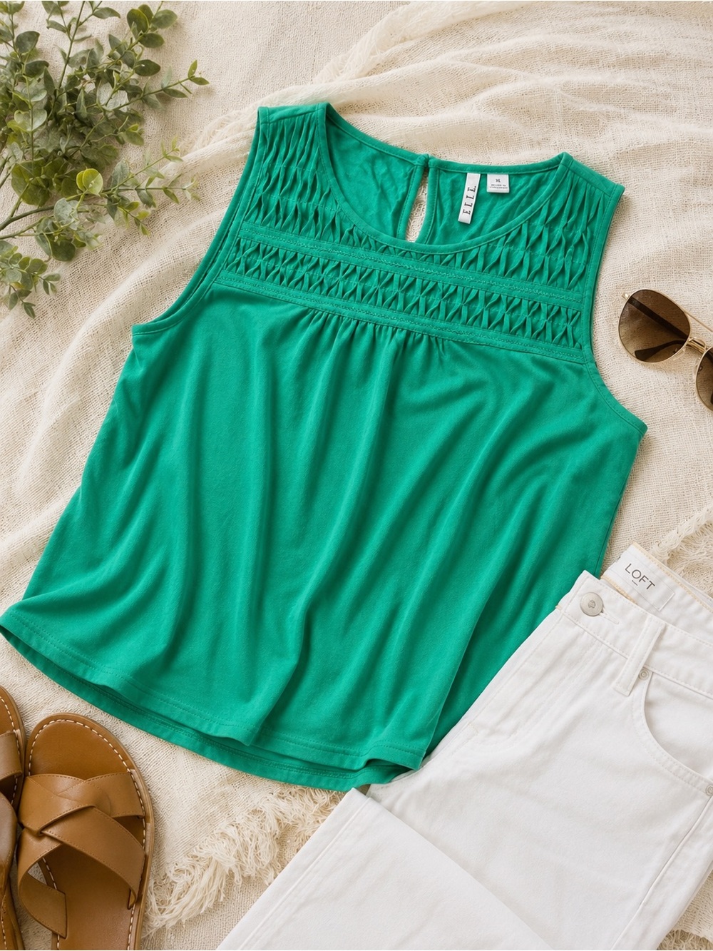 Elle Teal Smocked Yoke Sleeveless Tank Top XL Boho Lightweight Blouse